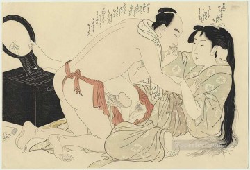  Largo Obras - Un hombre interrumpe a una mujer que se peina el largo cabello Kitagawa Utamaro Ukiyo e Bijin ga